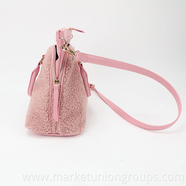 Pink Wool Winter Lambs Sherpa PU Multifunctional Shoulder Handbag Lady Tote Bag Set